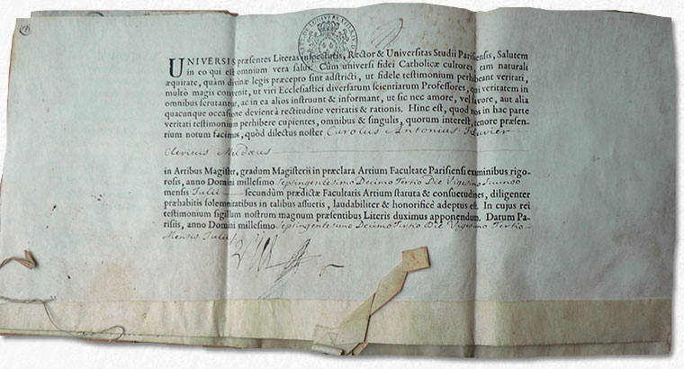 3 juillet 1710 ma&icirc;trise &egrave;s-arts de Charles Antoine Huvier AD77 195 J 5